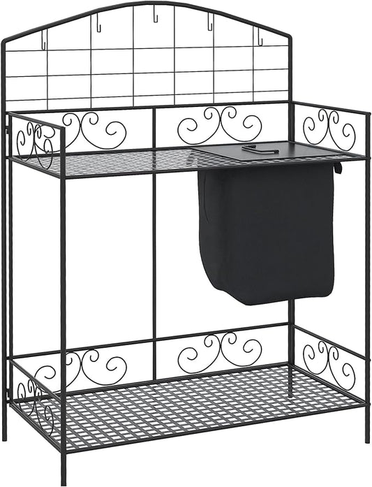Outsunny Folding Potting Bench Table, Metal Garden Workstation, Work Bench with Large Build-in Bag with Cover, 5 Hanging Hooks & Storage Shelf, Flourishes