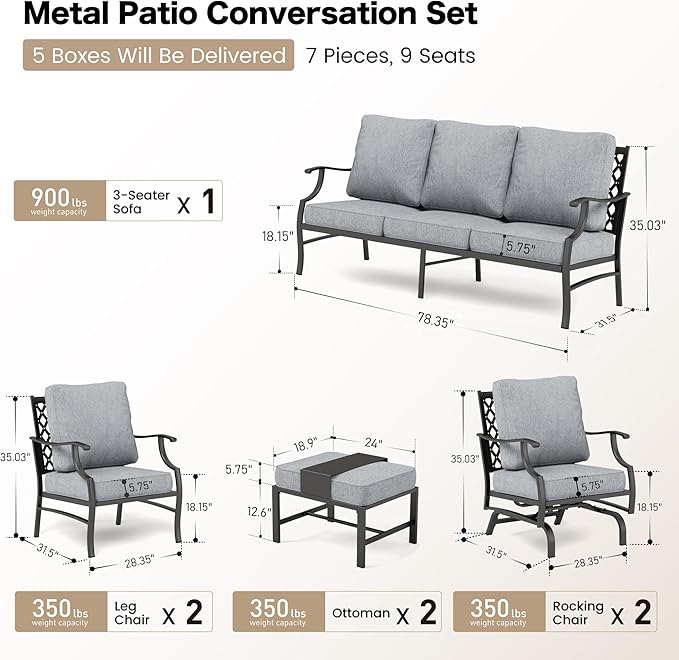 7 Piece Metal Outdoor Patio Furniture Sets, Patio Conversation Sets 1 3-seater Sofa, 2 Fixed Chair, 2 Rocking Chair, 2 Ottomans with 5.75" Thick Cushion, Black Backyard Furniture, Gray
