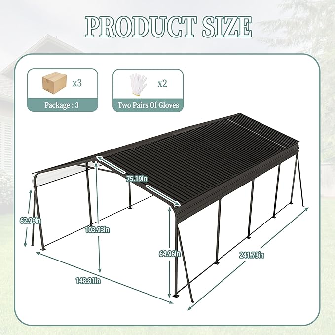 KEIKI 12x20 FT Heavy-Duty Metal Carport - Galvanized Steel Car Cover with Roof & Frame Kit, Outdoor Garage Shelter for Cars, Trucks, Boats, RV & Vehicle Protection