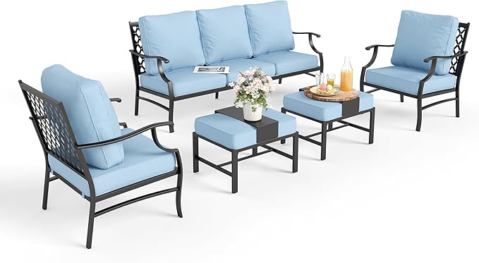 Patio Furniture Set 5 pcs, Outdoor Patio Furniture, 3-Seat Sofa, 2 Single Chairs, 2 Ottomans and 5.75" Extra Thick Cushion, Patio Conversation Set for Garden Backyard Deck,Blue
