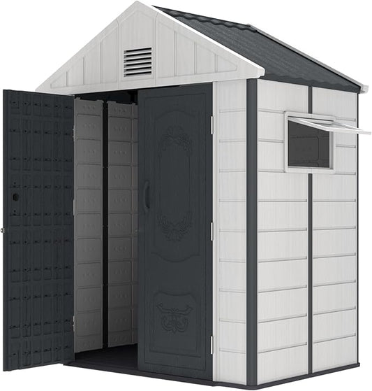 Kingdura 6x4 FT Resin Outdoor Storage Shed with Reinforced Floor, All-Weather Resistant Plastic Garden Outside Bike Tool Shed with Lockable Doors, Window for Backyard Patio Poolside