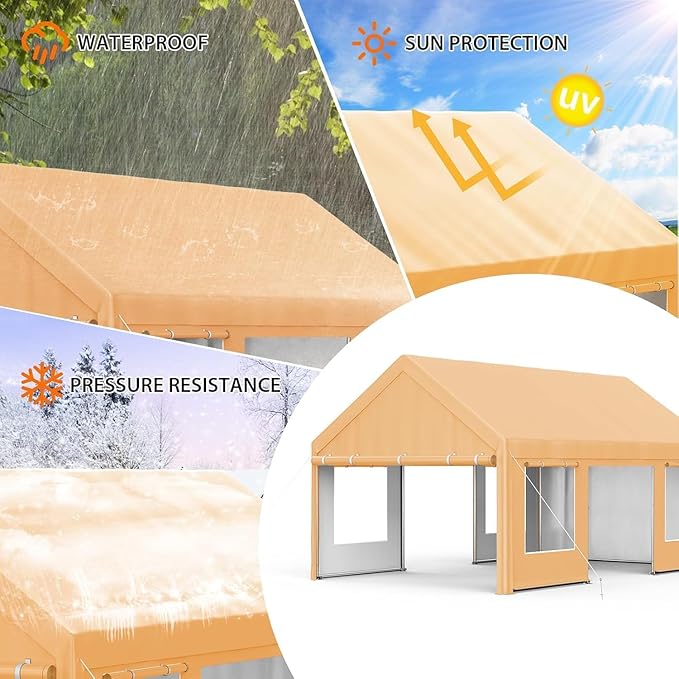 Garvee 13x20 Heavy Duty Carport Canopy, Galvanized Steel Frame Car Port with Waterproof PE Tarp, 4 Doors & 4 Windows, All Weather Portable Garage for Car Boat Truck, Yellow