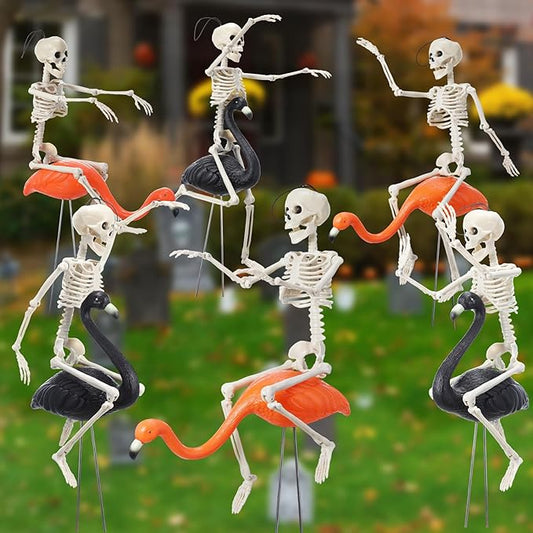 Geelin 12 Pcs Halloween Skeletons Flamingo Yard Decorations Skeleton Black Orange Flamingo Stakes for Halloween Lawn Garden Outdoor Party Decorations