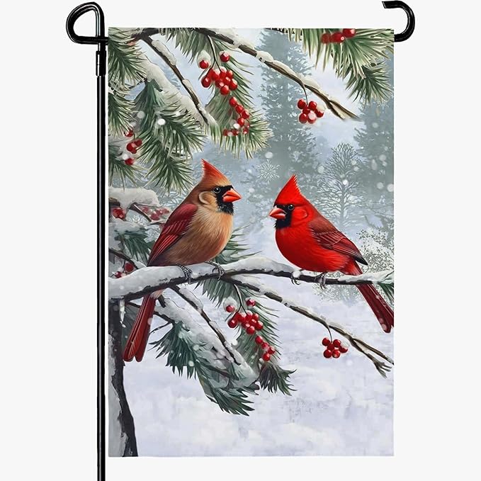 Winter Cardinal Bird Garden Flag Red Bird Pine Twigs Yard Flag Double Sided Polyester Holly Berry Snow Seasonal Garden Flags for Outdoor Farmhouse Christams Holiday Decor 12x18 Inch