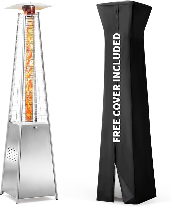 Pamapic Patio Heater, 48,000 BTU Pyramid Flame Patio Outdoor Heater with Cover, Quartz Glass Tube Stainless Steel Propane Heater with Wheels (Stainless Steel Color)