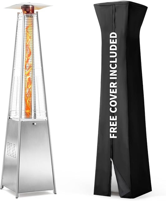 Pamapic Patio Heater, 48,000 BTU Pyramid Flame Patio Outdoor Heater with Cover, Quartz Glass Tube Stainless Steel Propane Heater with Wheels (Stainless Steel Color)