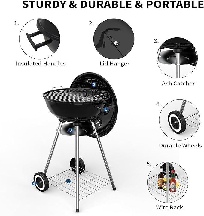 18 Inch Portable Charcoal Grill, Heavy Duty Kettle BBQ Smoker with Built-in Thermometer & Removable Water-Rinsable Ash Catcher for Outdoor Camping, Patio, Backyard, and Tailgating