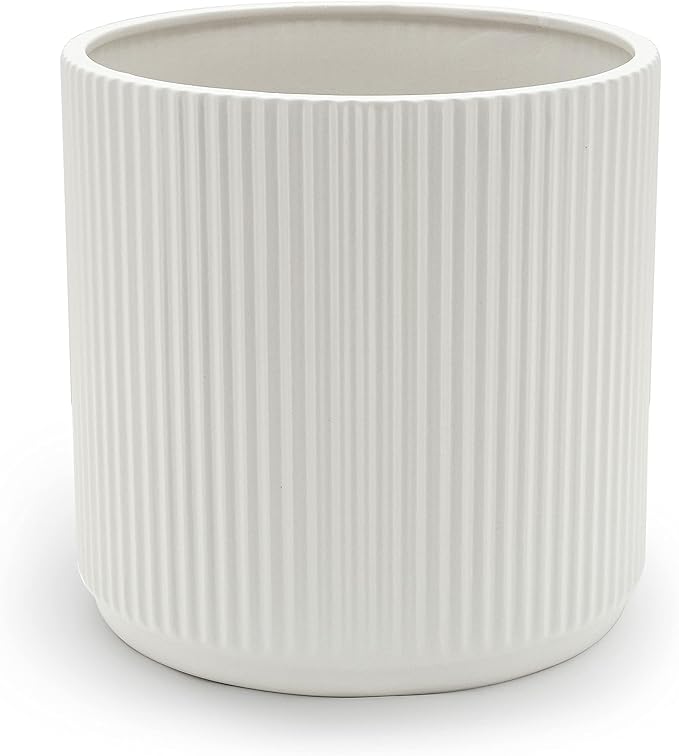 Amazon Basics Fluted Ceramic Round Planter, 8-inch, White