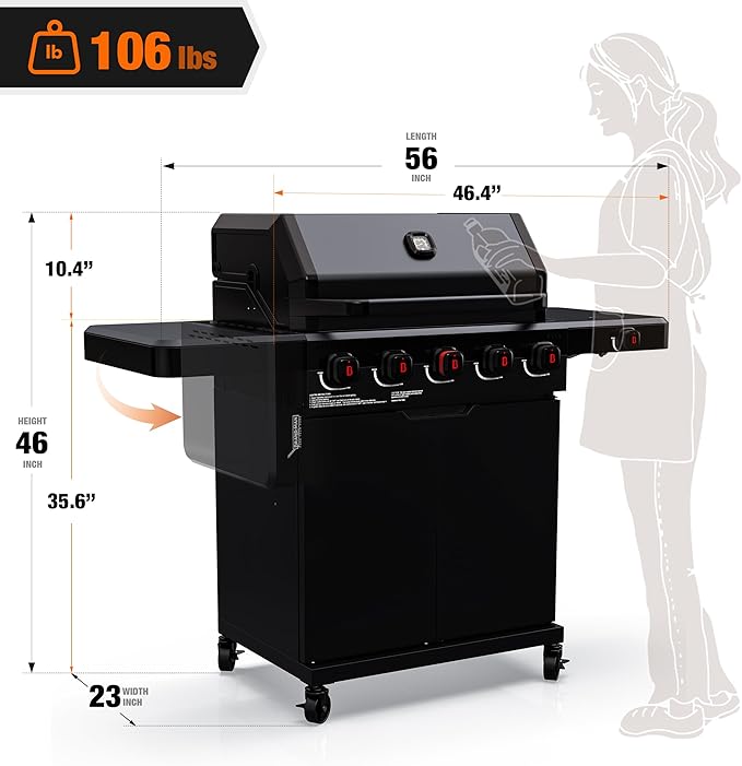 Brand-Man PRO 5-Burner Propane Gas Grill,14000 BTUs Searing Zone with Infrared-Mesh, Porcelain-Enameled Cast Iron Grates and Griddle, Side Burner & Natural Gas Convertible for Outdoor Barbecue Cooking