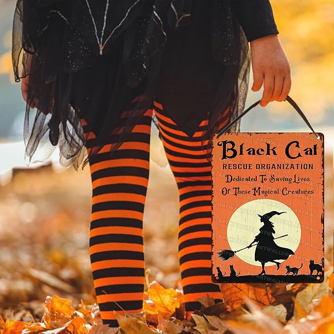 Black Cats Rescue Halloween Decor Vintage Metal Tin Sign Rustic Wall Art Gothic Home Decor Tin Plaque Retro Metal Poster for Bar Cafe 12x16inch