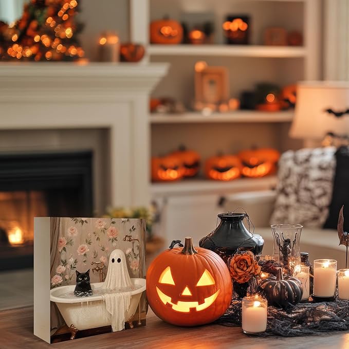 Mtrgdn Cute Halloween Decor,Halloween Decorations Indoor,Ghost with Black Cat Bathroom Decor Wooden Box Sign,Halloween Home Office Kitchen Bathroom Bedroom Desk Table Shelf Wall Decorations,5x5 Inch