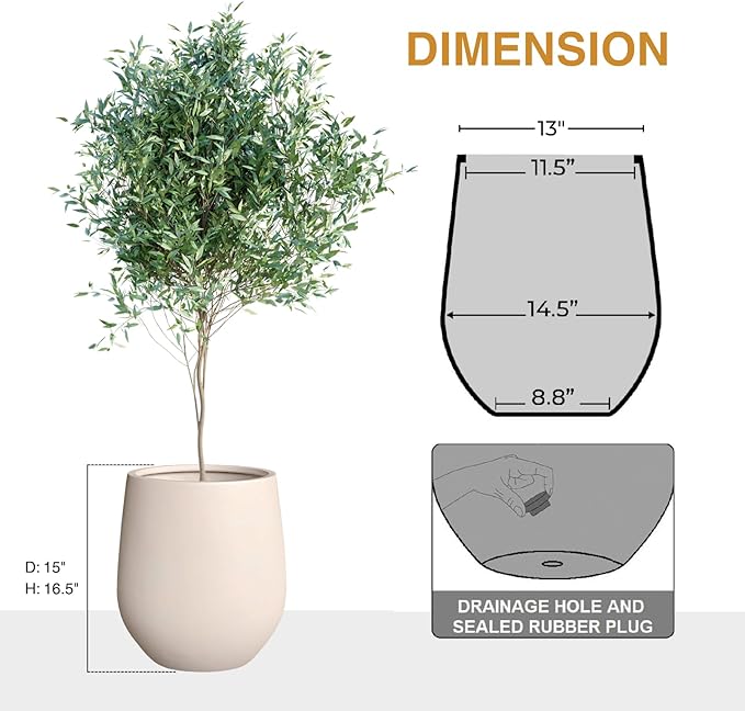 16.5" H x 15" D Corso Fiberstone Round Tapered Planter with Drainage Hole, Smooth Finishes, Weather Resistant for Indoor and Outdoor Use (Kilim Beige, 11.5" Pot Opening)