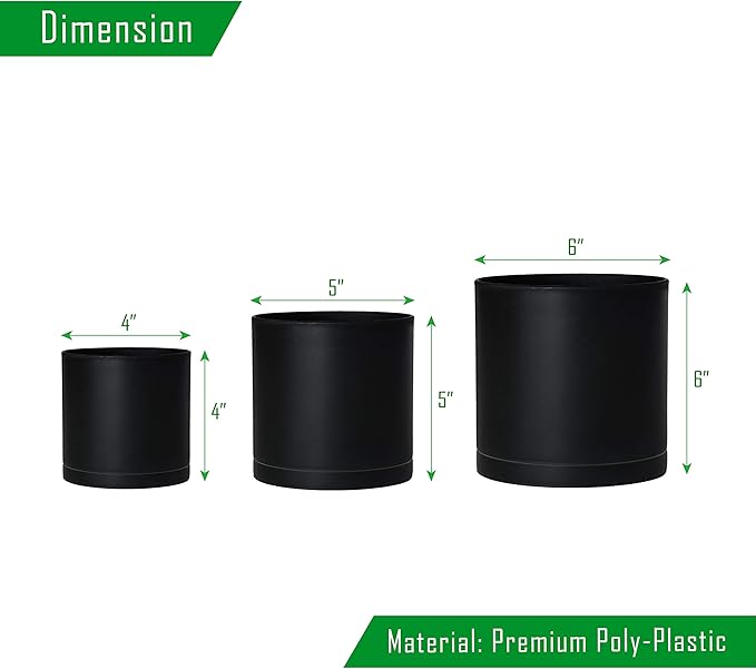 D'vine Dev 4 Inch 5 Inch 6 Inch, Set of 3 Plastic Planter Pots for Plants with Drainage Hole and Seamless Saucers, Black Color, Small, 74-V-B-1
