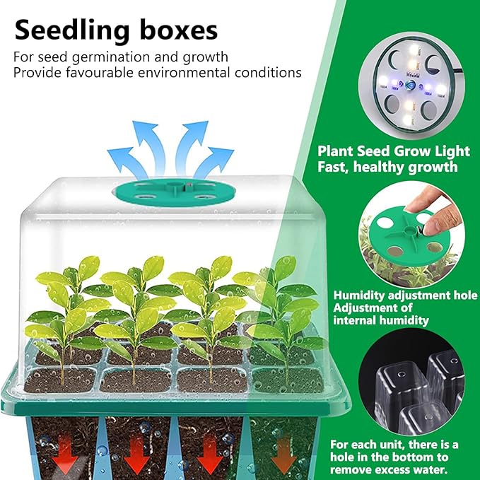 6-Pack Seed Starter Tray Kit with Grow Light, Adjustable Brightness & Timing Controller, Seedling Trays with Humidity Domes & Heightened Lids, Thicken Design, Ideal for Indoor Plant Growth