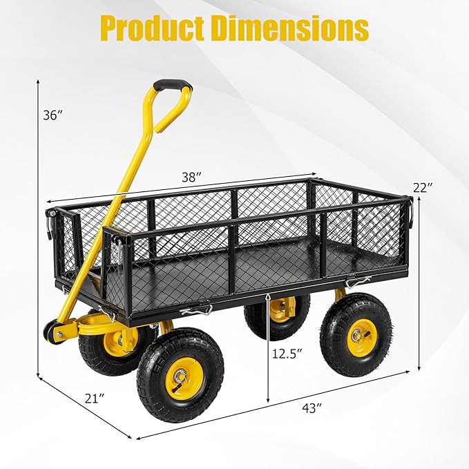 Utility Garden Cart, 900 lbs Capacity Heavy Duty Wagon Cart with Rotating Handle, Removable Sides & 10" Wheels, Metal Utility Cart for Outdoor Hauling & Gardening
