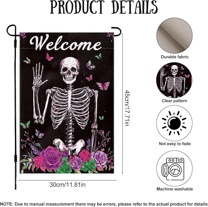 Halloween Garden Flag 12 x 18 Inch Double Sided Skeleton Rose Butterfly Designs Welcome Fall Autumn Burlap Yard Flag for Outside Rustic Yard Outdoor Holiday Home Decoration