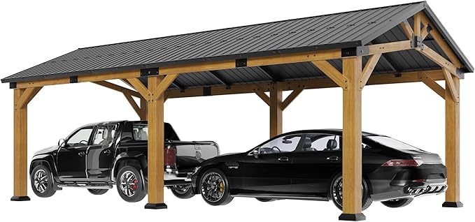 Jocisland 12x24x9.5 FT Cedar Wood Hardtop Carport with Steel Roof, Waterproof Outdoor Gazebo Pavilion, Heavy-Duty Snow & Wind Resistant Canopy for Patio, Driveway, Garden