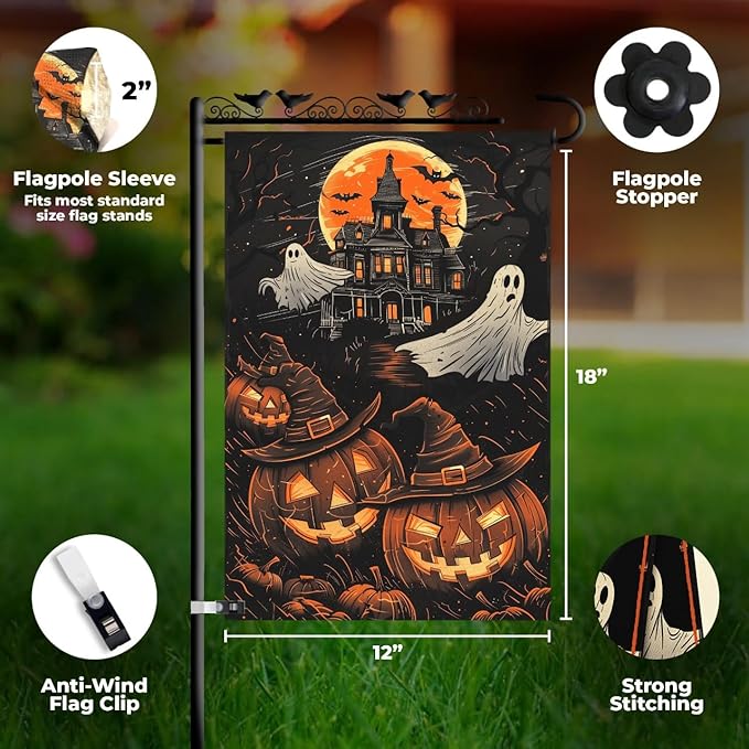 Halloween Garden Flag 12x18 Double Sided – Haunted House with Ghosts & Pumpkin, Halloween Yard Flag for Outside, Durable Fall Outdoor Flag, Weatherproof
