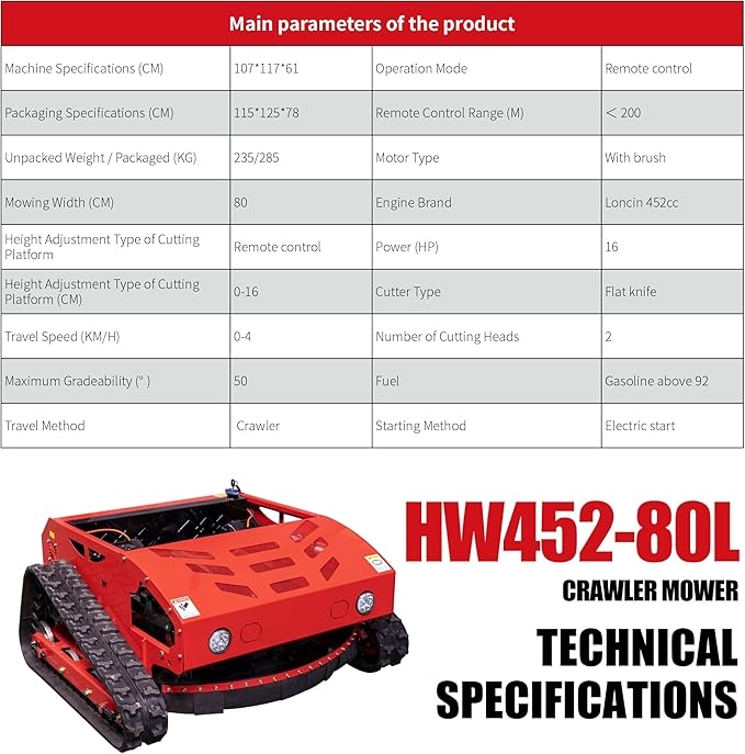 Remote Control Lawn Mower 16HP 50° Climbing Adjustable Mowing Height Track Drive All Terrain Grass Cutter Yard Mower (HW 452 80L)