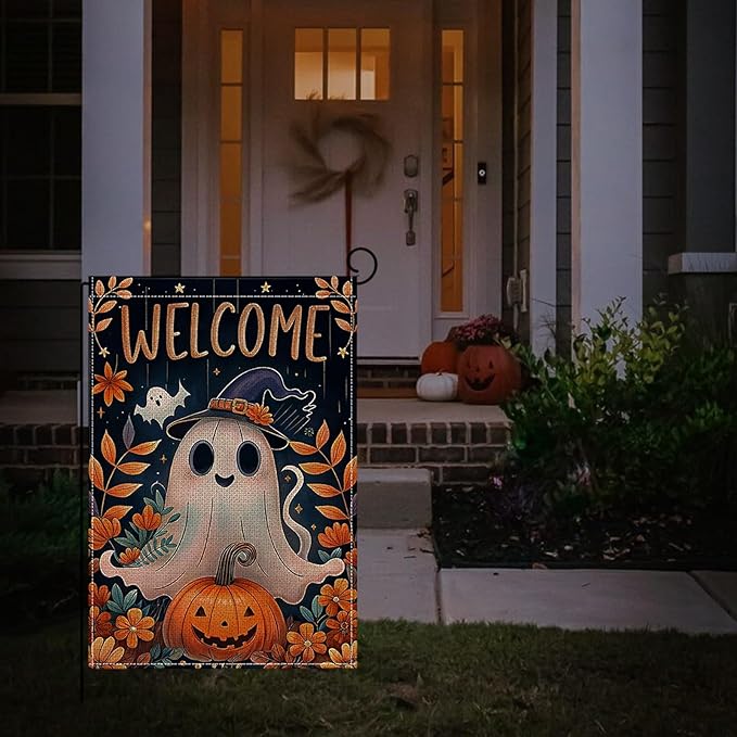 Halloween Garden Flag 12 x 18 Inch Double Sided Ghost Pumpkin Designs Fall Autumn Burlap Yard Flag for Outside Rustic Yard Outdoor Holiday Home Decoration