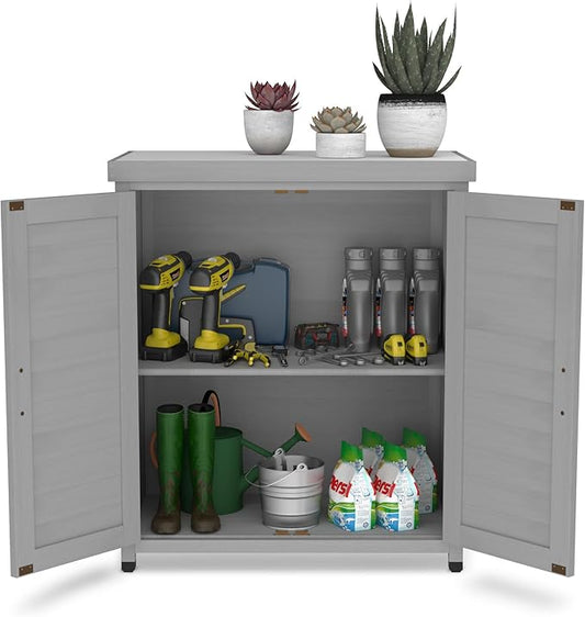 Outdoor Storage Cabinet Garden Potting Bench Table with Metal Tabletop, Solid Wood Planting Work Bench Table for Backyard Patio Lawn, 31×18×36" (Grey)