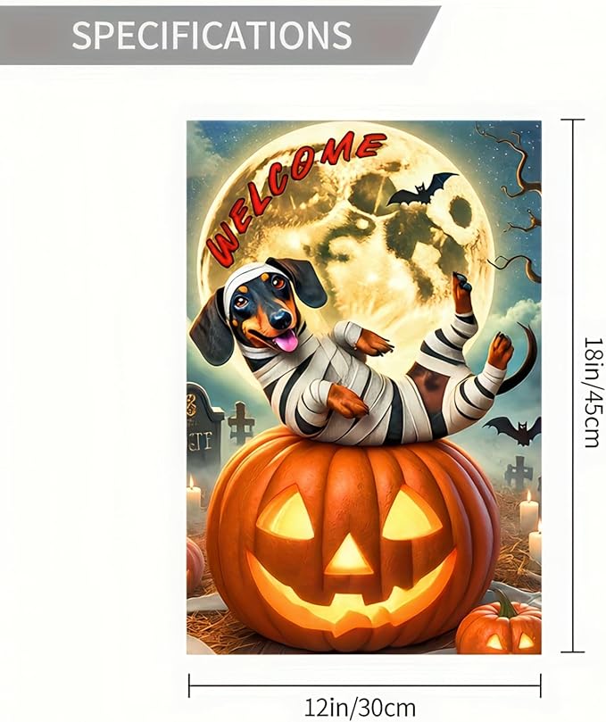 Happy Halloween Garden Flags 12x18 Inch Vertical Double Sided Skeleton Dachshund Dog Garden Flag Small Yard Pumpkin Flag for Outdoor Decor Outside Decoration Banner