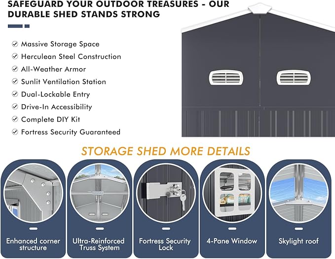 Metal Garage Shed 13x20x8.5' with Floor Kit, Large Outdoor Storage Building Ultra-Reinforced Truss System, with Skylights Dual-Entry Steel Carport Workshop for Car Boat Big Tool Organization