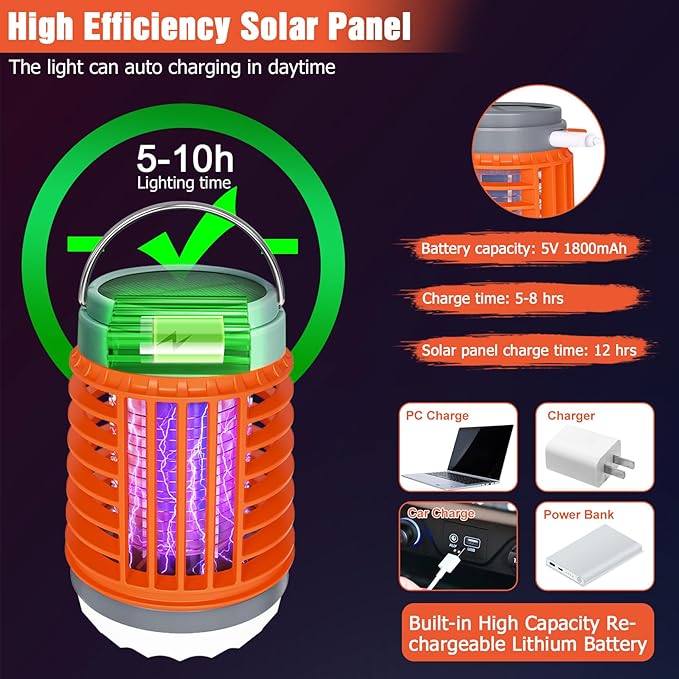 2 Pack Solar Bug Zapper Outdoor Waterproof Mosquito Zappers for Patio, 3 in 1 Cordless Rechargeable Mosquitoes Repellent Outdoor Patio Flashlight, Mosquito Killer Indoor - Orange