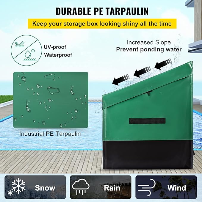 VEVOR Outdoor Storage Box, 230 Gallon Waterproof PE Tarpaulin Deck Box w/Galvanized Frame, All-Weather Protection & Portable, for Camping, Garden, Poolside, and Yard, Black & Green