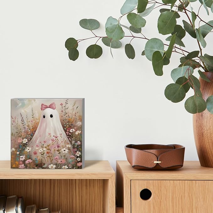 Mtrgdn Cute Halloween Decor,Halloween Decorations Indoor,Ghost with Bow Flower Desk Decor Wooden Box Sign,Halloween Home Office Kitchen Bathroom Bedroom Coffee Bar Table Shelf Wall Decorations,5x5 In