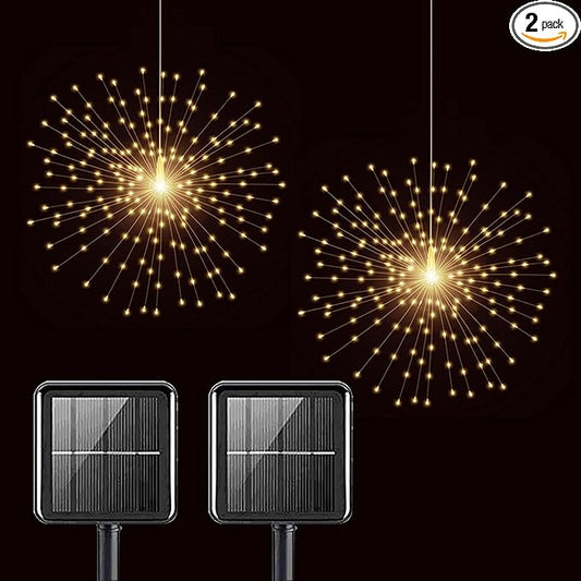 2 Pack Solar Starburst Sphere Lights,200 LED Firework Light 8 Modes Dimmable Waterproof Hanging Fairy Light, Copper Wire Lights for Tents Patio Parties Christmas-NO Remote (Warm White)