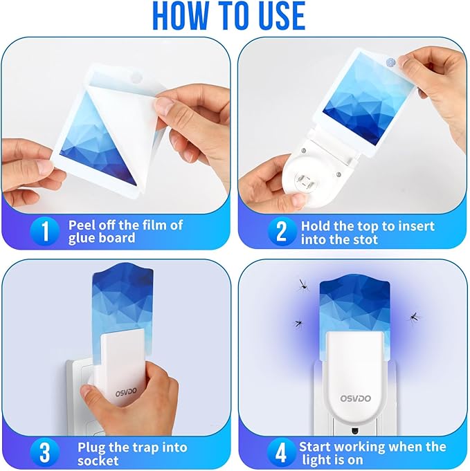 Fly Trap Indoor, Bug Catcher, Fruit Fly Traps for Indoors, Blue Light Bug Killer Plug in, Attracts Mosquito, Fly, Moth, Sticky Glue Gnat Trap - Flying Insect Trap Home (1 Device + 6 Refills)