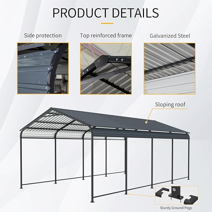 12x21 FT Metal Carport, Heavy Duty Car Port Canopy with Galvanized Steel Roof & Frame, Large Metal Carport Kit, Outdoor Car Garage, Steel Car Shelter for Car, Boat, Truck, Charcoal