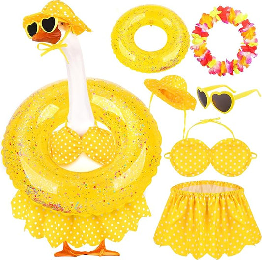 6 Pcs Porch Goose Outfits Summer Hawaiian Bikini Yard Garden Lawn Goose Clothes for Plastic Cement Goose Statue 17” 23" Funny Porch Goose Costume Accessories Set for Patio Outdoor Decoration