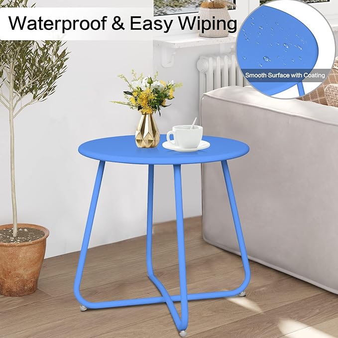 Babion Blue Outdoor Side Tables, Small Outdoor Table, Round Patio Side Table Steel, Small Accent End Table for Patio Yard Garden, Indoor & Outdoor