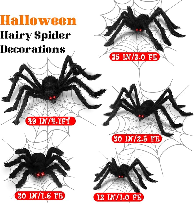 Halloween Giant Spider Decorations: 12/20/30/35/49 Inches Large Fake Scary Hairy - 5PCS Huge Plush Toy Props for Indoor Outdoor Creepy Lawn Garden Decor Black