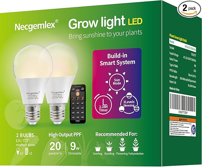 Smart LED Grow Light Bulbs with Remote Controller, Sun Mode, Built-in Daily Auto Timer, 4500K, A21/A70 E26/E27 9W Dimmable Full Spectrum Grow Bulbs for Indoor Plants, 2 Pack
