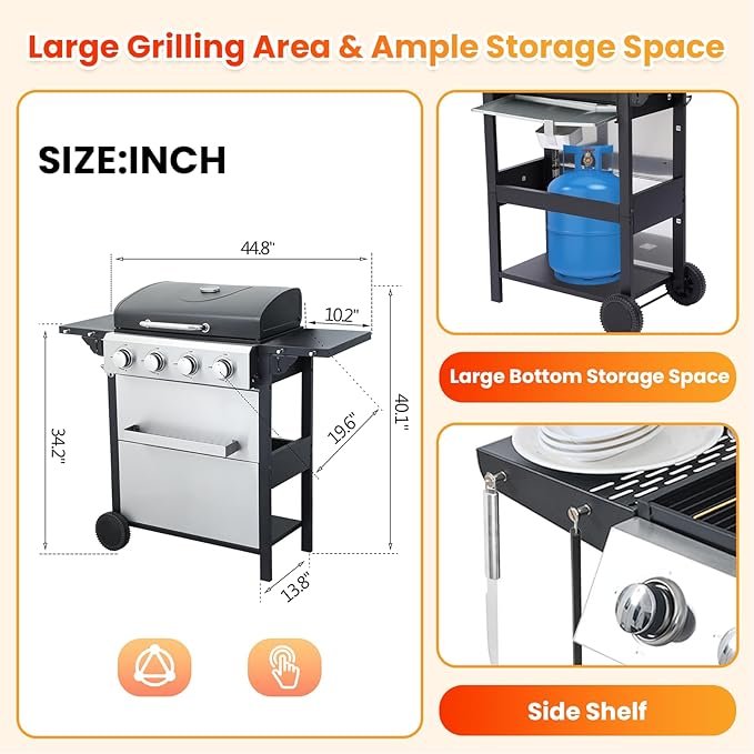 4-Burner Propane Gas BBQ Grill with Porcelain-Enameled Cast Iron Grates, 2 Foldable Side Table, 34,200 BTU Stainless Steel Grill for Outdoor Camping Barbecue Grilling Backyard Cooking