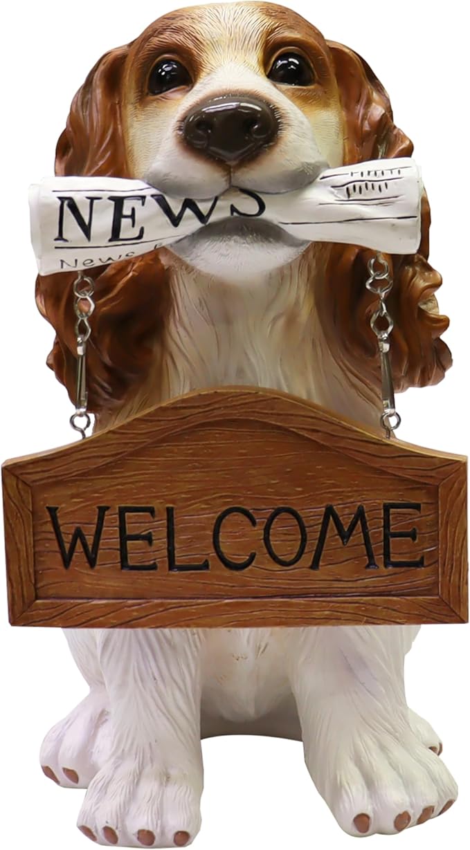 Nature's Mark Cocker Spaniel Dog Puppy Statue with Reversible Welcome Sign and Go Away Sign Resin Garden Decor 12" H