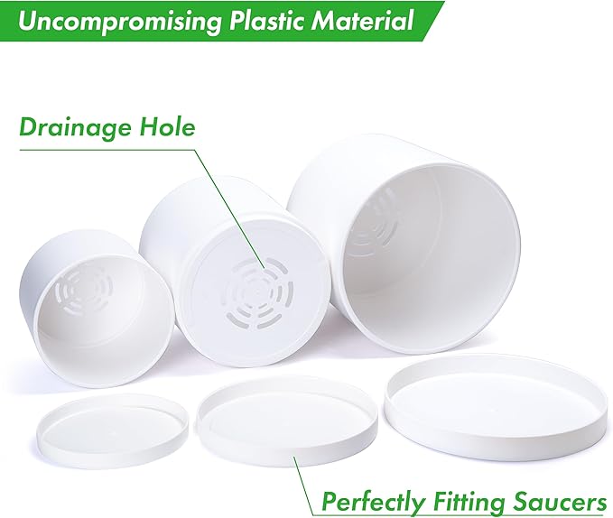 D'vine Dev 10 Inch 12 Inch 14 Inch, Set of 3 Plastic Planter Pots for Plants with Drainage Hole and Seamless Saucers, White Color, XX-Large, 74-V-A-6