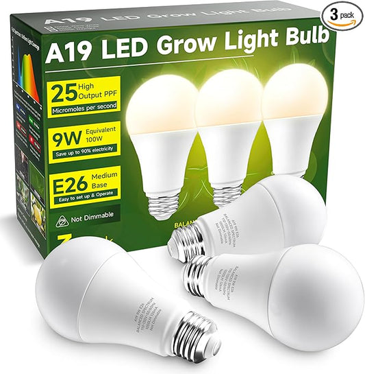 Grow Light Bulbs, A19 Grow Light Bulb, Full Spectrum Light Bulb, Plant Light Bulbs E26 Base, 9W Plant Grow Light Bulbs 100W Equivalent, Grow Light for Indoor Plants, Seeds, Flowers, 3 Pack