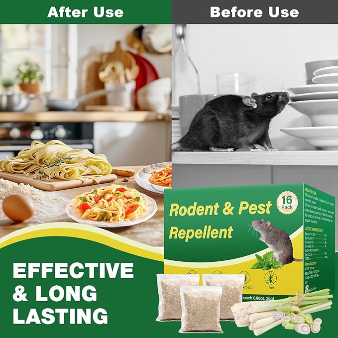 Rodent Repellent, 16 Pack Natural Mouse Repellent Pouches - Peppermint Oil to Repel Rodents Rats Squirrel, Outdoor Indoor Mice Repellent for House Garage Basement RV Car