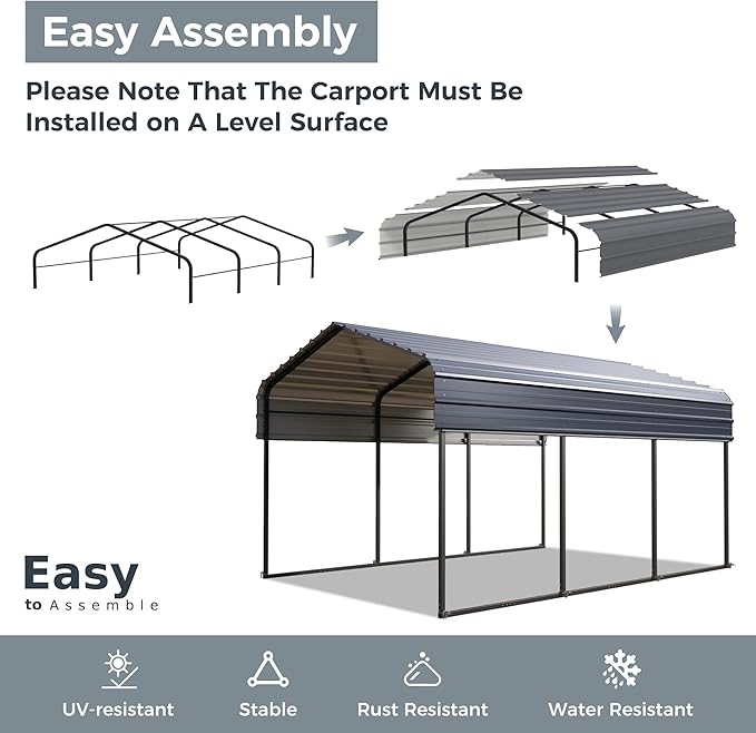 GREEN PARTY 10 x 15 ft Metal Carport Kits with Galvanized Steel Roof, Heavy Duty Metal Carport Canopy, Outdoor Car Tent Metal Garage Shelter for Car, SUV, Truck and Boats, Grey