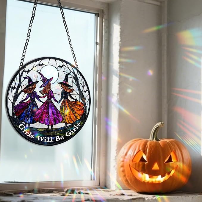 Halloween Sun Catcher - 8 Inch Round Suncatcher for Window Hanging Decoration - Creates Indoor Rainbows Light Refraction - Spooky Ghost, Witch, Pumpkin Design - Suction Cup Hook & Chain