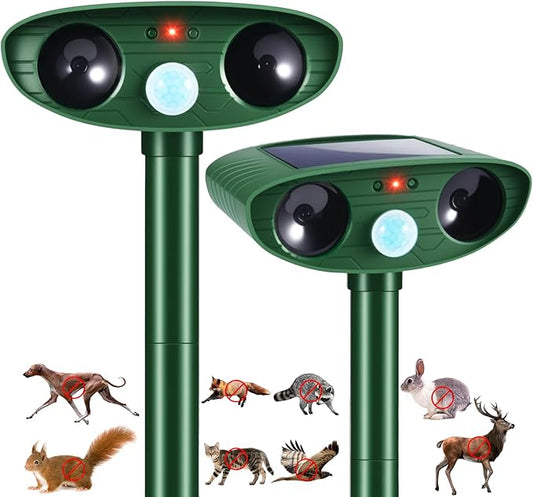 2 Pack 2025 Animal Repellent Ultrasonic Outdoor Squirrel Fortress Pro, Solar Repeller with Motion Sensor, Waterproof Dog Skunk Raccoon Rabbit Cat Deer Repellent for Yard Farm