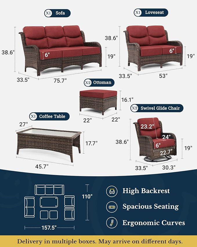 HILLGA Luxury High Back Patio Furniture Set with 6-Inch Thick Cushion, 7-Piece Outdoor Conversation Set with Sofa, Swivel Rocker Chairs & Ottomans, Ideal for Porch Pool Deck Yard (Burgundy)