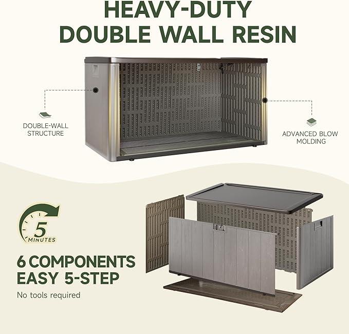 120 Gallon Deck Box, Double Layer Waterproof Resin Outdoor Indoor Storage Box, Lockable & UV Resistant Storage Bin for Patio Furniture, Garden Tools, Pool Accessories (Brown)