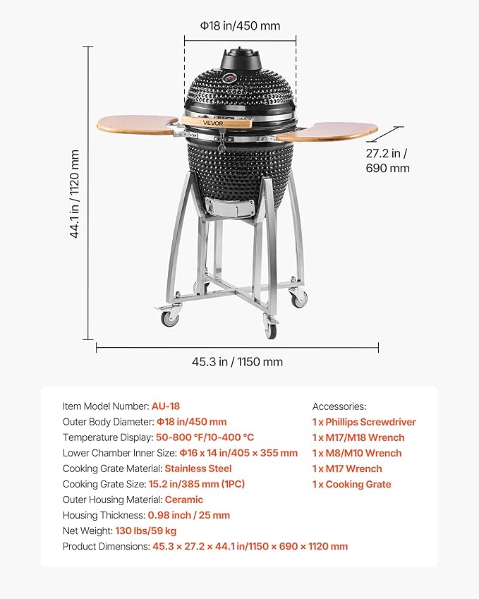 VEVOR Charcoal Smoker and Grill, 18" Kamado Charcoal BBQ Smoker, Movable Ceramic Barbecue Grill with 4 Wheels (2 Lockable), Built-in Thermometer, Air Vents & Side Shelf for Outdoor Patio Yard Cooking