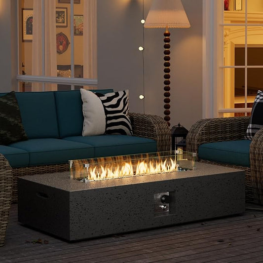 SUNBURY Outdoor Propane Burning Fire Pit, 56x28 inch Square Patio Fire Table 50,000 BTU Fire Pit for Outside with Waterproof Cover and Blue Glass Stones, Light Gray