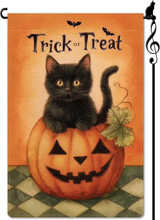 Trick or Treat Garden Flag Halloween Cute Black Cat Small Flag for Outside Pumpkin Bat Burlap Double Sided Welcome Yard Lawn Decor 12.5x18"